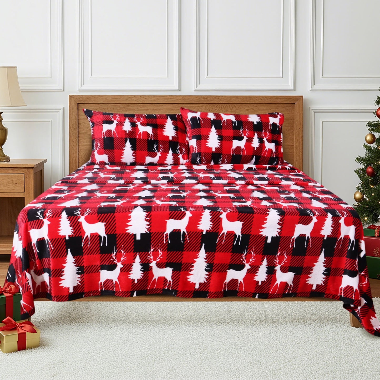 Gogreen Flannel Sheet Set Christmas Printed 4PC Deep Pocket King Sheet Set Fit 16, Breathable Super Soft King Size Sheet Set, Luxury Hotel Style Home Decor King Bed Sheet Set, Gift for Women, Men