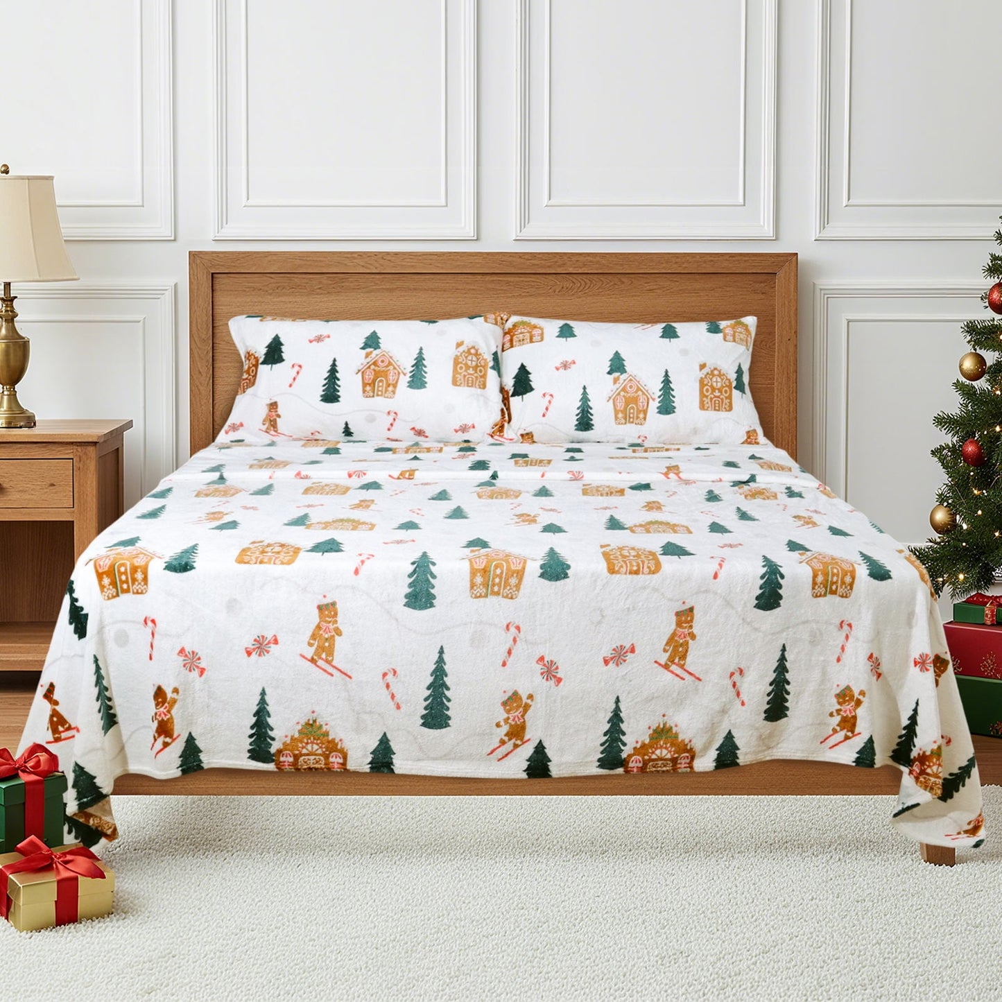 Gogreen Flannel Sheet Set Christmas Printed 4PC Deep Pocket Queen Sheet Set Fit 16, Breathable Super Soft Queen Size Sheet Set, Luxury Hotel Style Home Decor Queen Bed Sheet Set, Gift for Women, Men