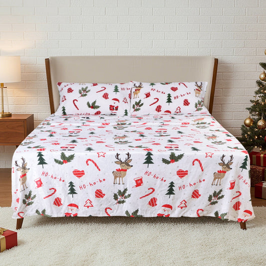 Gogreen Flannel Sheet Set Christmas Printed 4PC Deep Pocket Queen Sheet Set Fit 16, Breathable Super Soft Queen Size Sheet Set, Luxury Hotel Style Home Decor Queen Bed Sheet Set, Gift for Women, Men