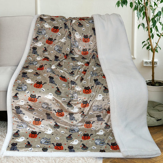 Gogreen Halloween Cat Sherpa Fleece Throw Blanket Double Layer 220GSM Flannel Blanket & 270GSM Sherpa Blanket - Warm Blanket Thick Blanket Soft Blanket Winter Blankets Twin (60 x 80)