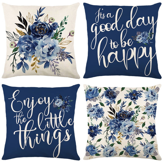 Gogreen  Phantoscope New Living Series Duplex Printing Decorative Throw Pillow Covers, 18 x 18, Blue Flower, Set of 4
