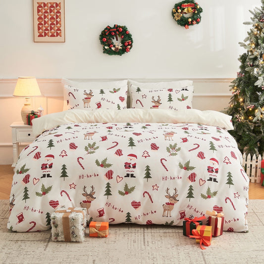 Gogreen King Duvet Cover Floral, Soft & Breathable Microfiber 3 Pieces King Bedding Sets, Pattern King Comfy Duvet Cover, with Zipper Closure (Christmas Santa Claus, King)
