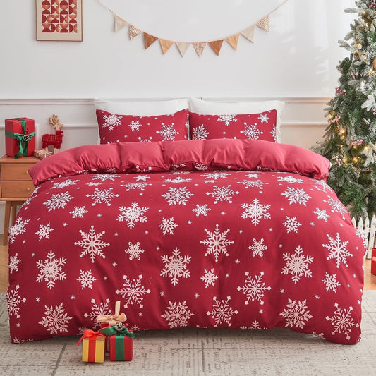 Gogreen King Duvet Cover Floral, Soft & Breathable Microfiber 3 Pieces King Bedding Sets, Pattern King Comfy Duvet Cover, with Zipper Closure (Christmas Snowflake, King)