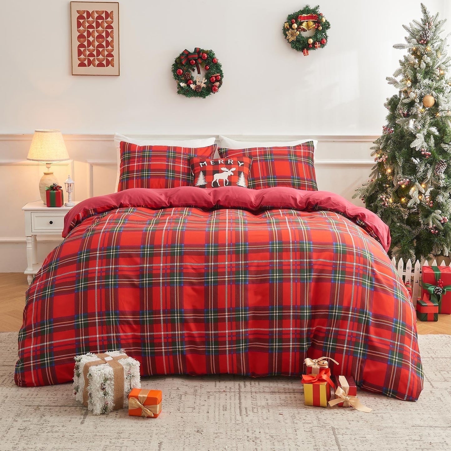 Gogreen King Duvet Cover Floral, Soft & Breathable Microfiber 3 Pieces King Bedding Sets, Pattern King Comfy Duvet Cover, with Zipper Closure (Red Plaid, King)