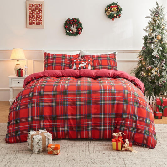 Gogreen King Duvet Cover Floral, Soft & Breathable Microfiber 3 Pieces King Bedding Sets, Pattern King Comfy Duvet Cover, with Zipper Closure (Red Plaid, King)