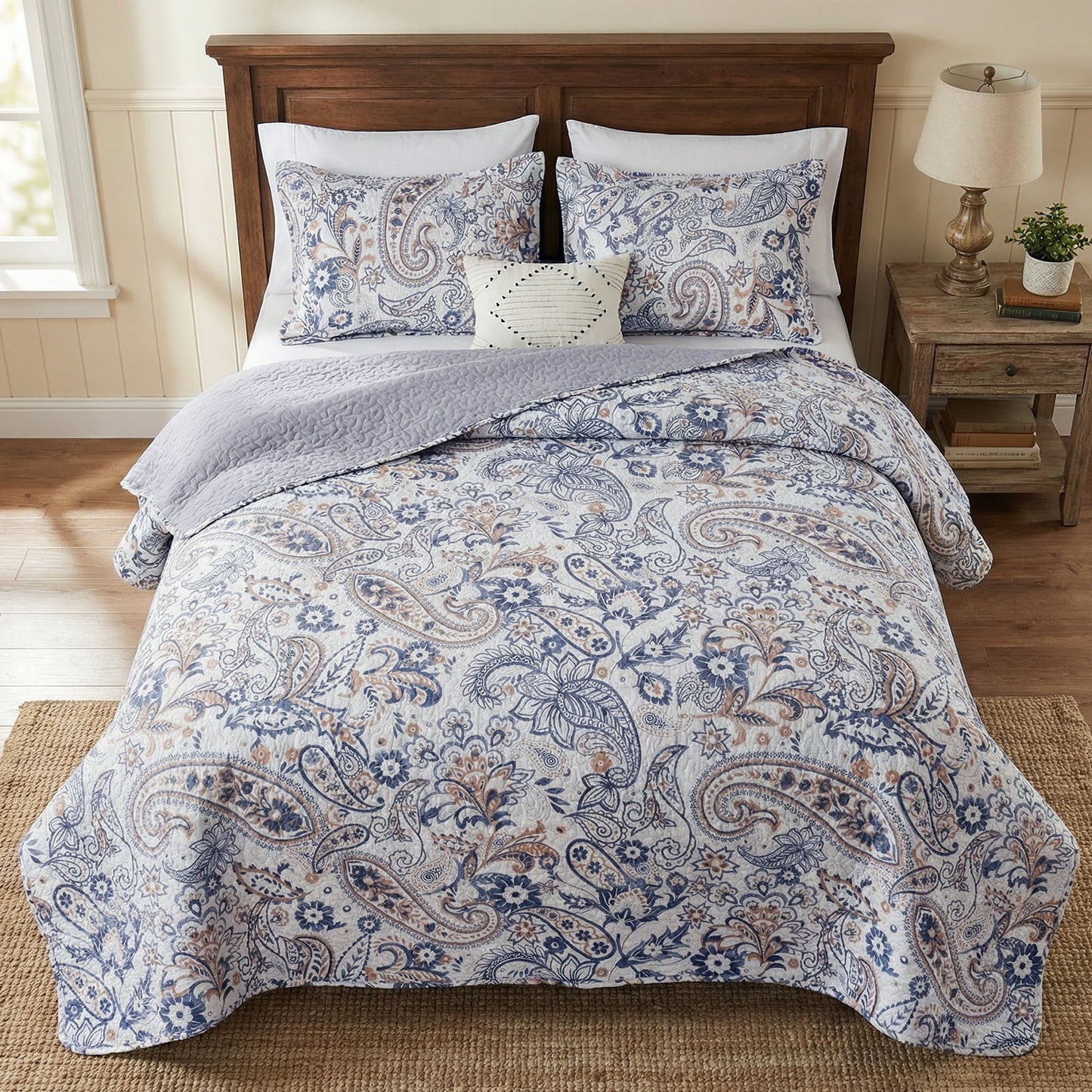 Gogreen Luxury Printed Quilt Set Queen Size, Lightweight Comforter Set, Oversized Bedspread Coverlet Quilted Bedding Set, with 2 Matching Pillowcases, for All Season