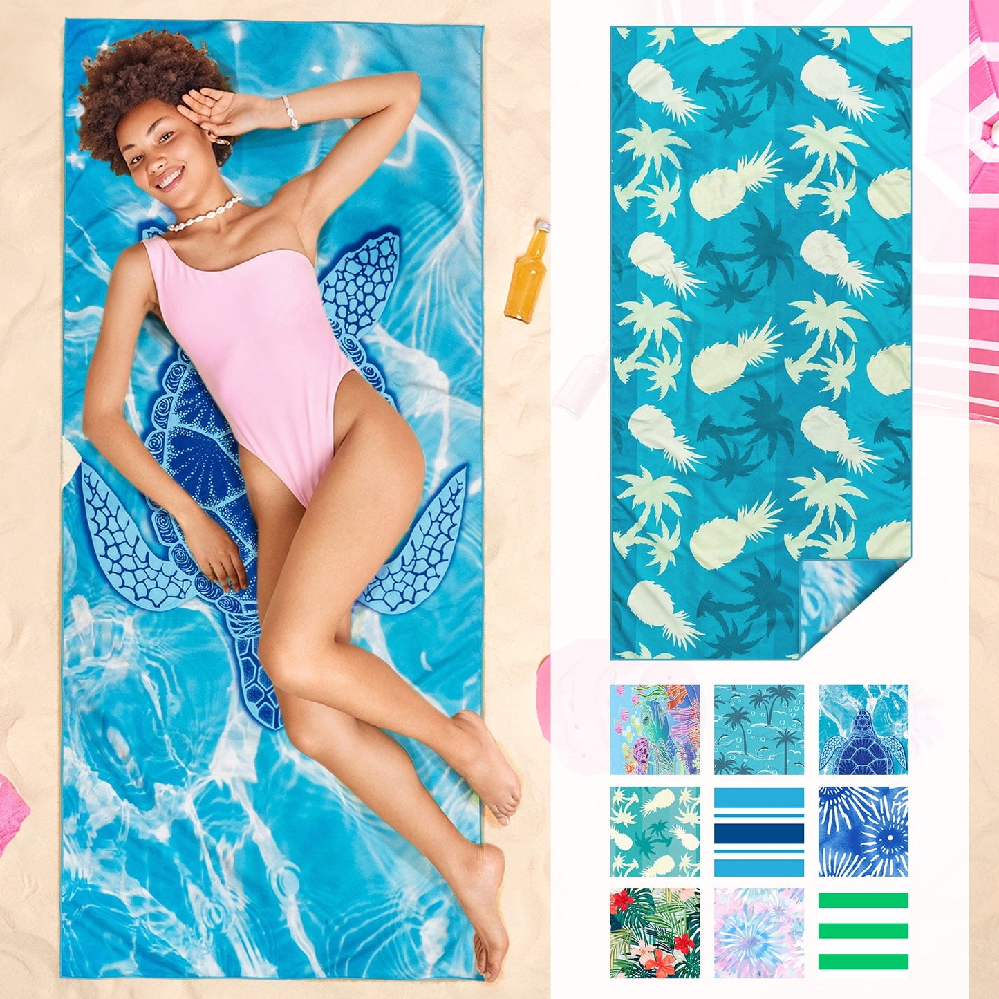 ogreen Quick Dry Sand Free Beach Towel for Travel Pool Lightweight 71x32 In Absorbent Microfiber Oversized Towels Yoga Bath Camping Sport - Stylish Unique Gift - Sea Turtl