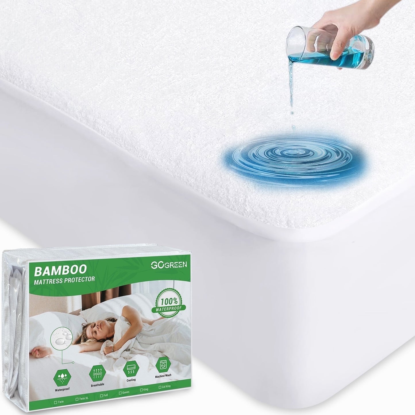 Gogreen Waterproof Mattress Protector King Size, Breathable Cooling Bed Mattress Cover with Deep Pocket Plastic Mattress Protector Fitted 6-15(Bamboo Terry, King 76x80)