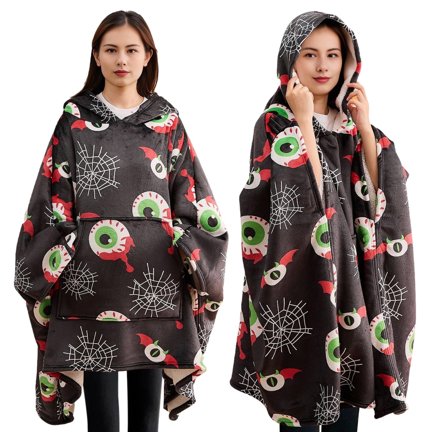 Gogreen Wearable Blanket Hoodie, Sherpa Wearable Sweatshirt with Giant Kangaroo Pocket for Adults, Gifts for Women, Men, Mom, Oversized Hoodie Blanket for Women, Men (Halloween Eyes, Oversized)