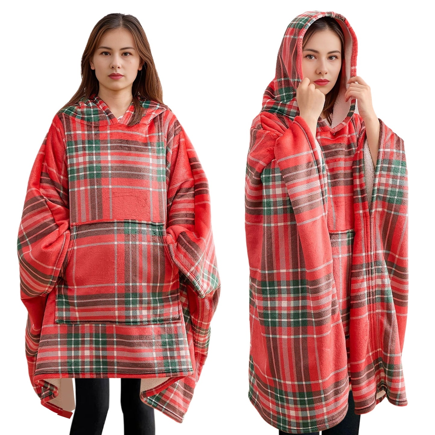 Gogreen Wearable Blanket Hoodie, Sherpa Wearable Sweatshirt with Giant Kangaroo Pocket for Adults, Gifts for Women, Men, Oversized Hoodie Blanket for Women, Men (Red Plaid, Oversized)