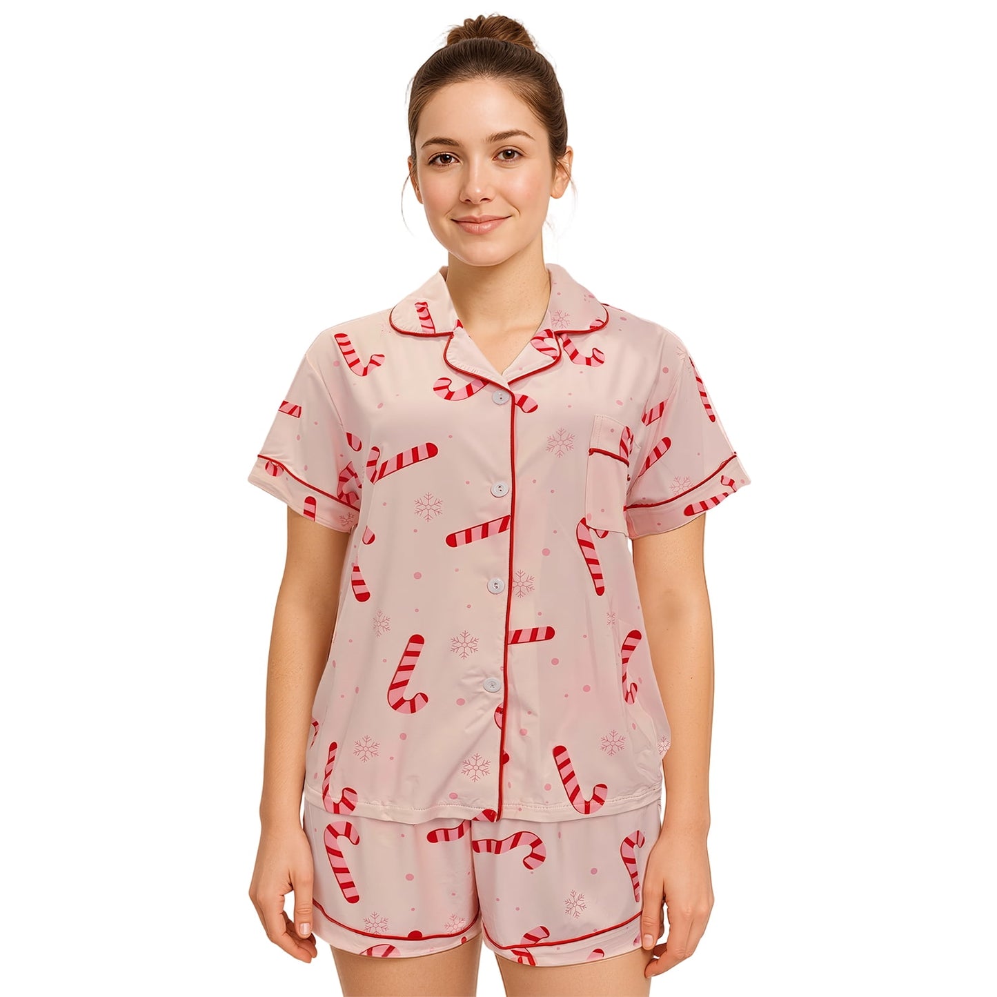 Hitime Christmas Milk Silk Womens Pajamas Set Button Down Silk Sleepwear Short Sleeve Breathable Nightwear Loungewear Set, Size L