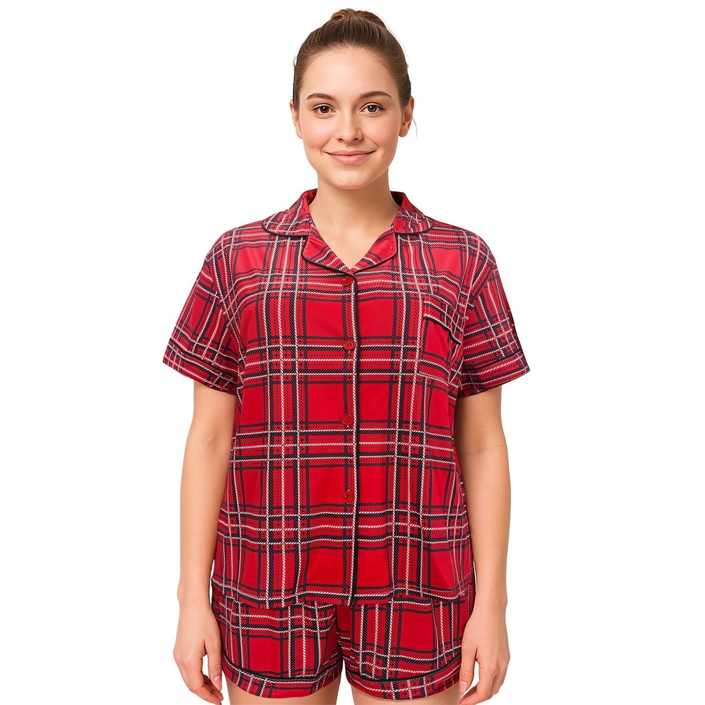 Hitime Christmas Milk Silk Womens Pajamas Set Button Down Silk Sleepwear Short Sleeve Breathable Nightwear Loungewear Set, Size M