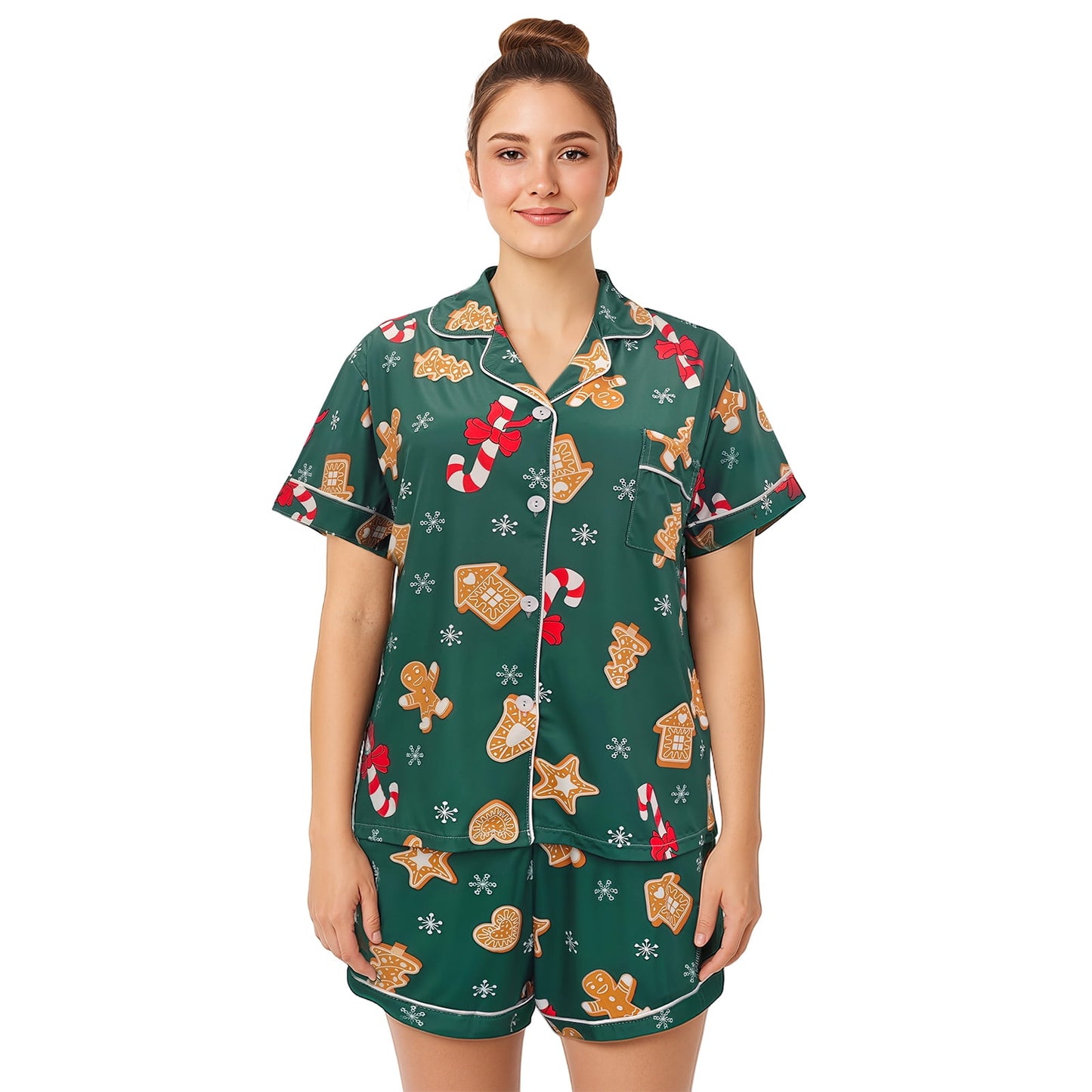Hitime Christmas Milk Silk Womens Pajamas Set Button Down Silk Sleepwear Short Sleeve Breathable Nightwear Loungewear Set, Size M