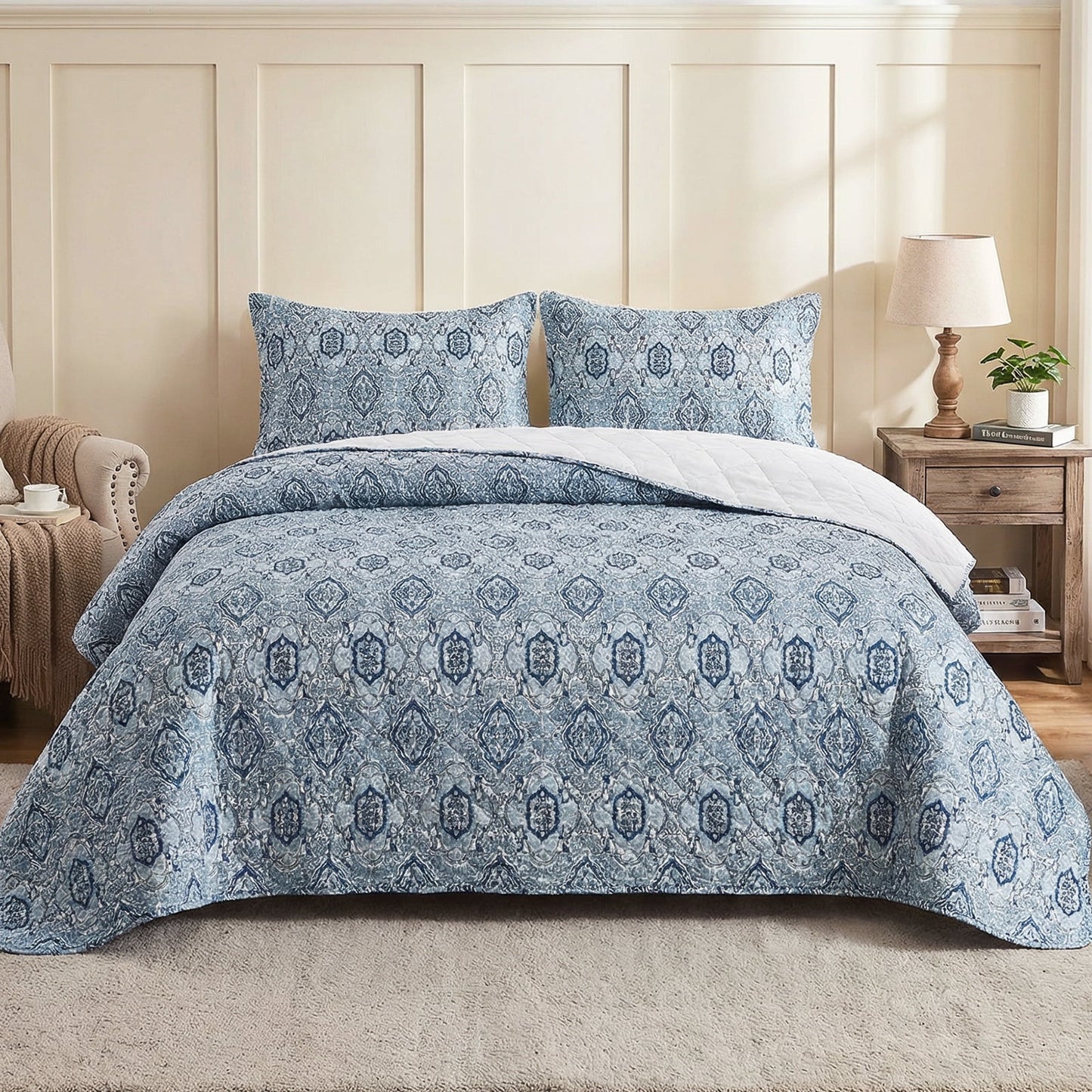 Hitime Luxury Printed Quilt Set Queen Size, Lightweight Comforter Set, Oversized Bedspread Coverlet Quilted Bedding Set, with 2 Matching Pillowcases, for All Season
