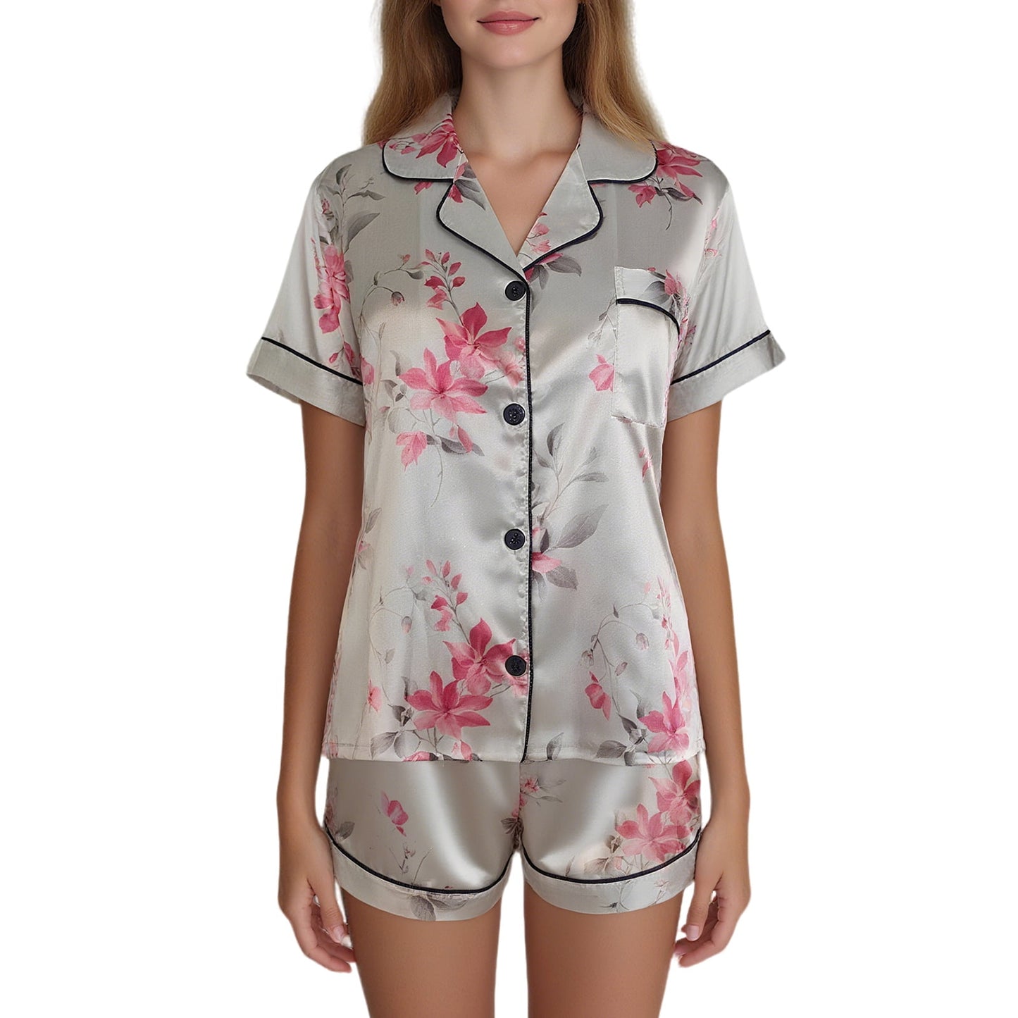 Hitime Silk Satin Womens Pajamas Set Button Down Summer Sleepwear Short Sleeve Breathable Nightwear Loungewear Set, Size XL