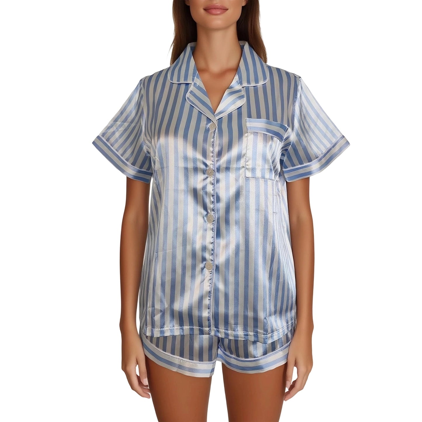 Hitime Silk Satin Womens Pajamas Set Button Down Summer Sleepwear Short Sleeve Breathable Nightwear Loungewear Set, Size 2XL