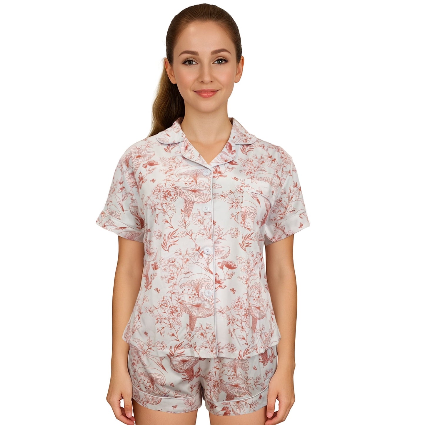 Hitime Milk Silk Womens Pajamas Set Button Down Summer Sleepwear Short Sleeve Breathable Nightwear Loungewear Set, Size L