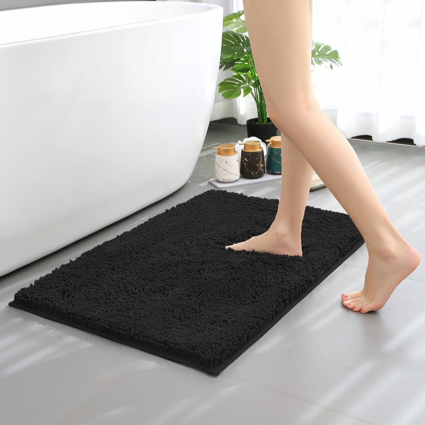 Hitime Soft Chenille Bath Rug Mat 16 x 24 Quick Dry Machine Washable Bathroom Runner - Ultra Absorbent Non-Slip Backing - Black