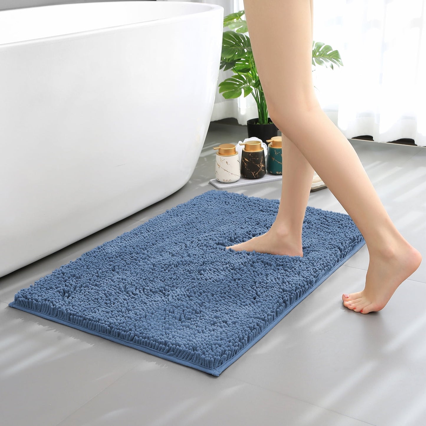 Hitime Soft Chenille Bath Rug Mat 16 x 24 Quick Dry Machine Washable Bathroom Runner - Ultra Absorbent Non-Slip Backing - Blue