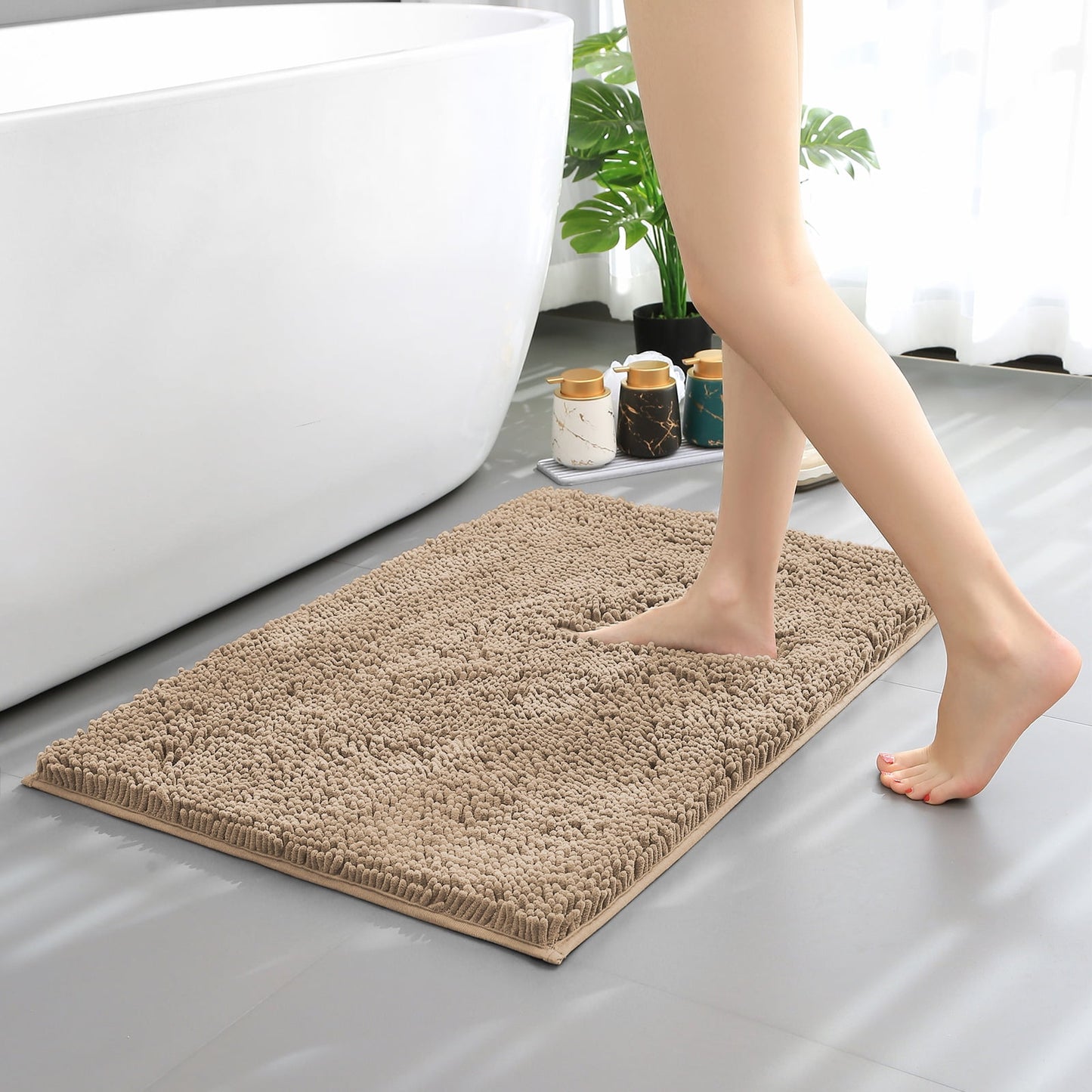 Hitime Soft Chenille Bath Rug Mat 20 x 32 Quick Dry Machine Washable Bathroom Runner - Ultra Absorbent Non-Slip Backing - Beige