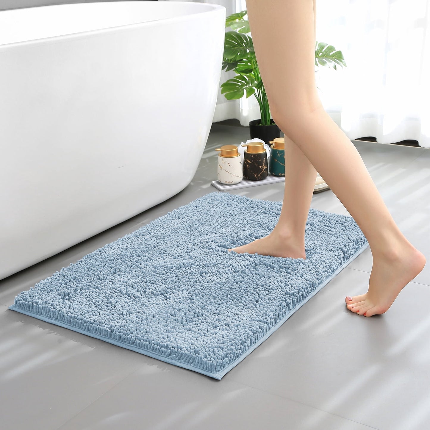 Hitime Soft Chenille Bath Rug Mat 20 x 32 Quick Dry Machine Washable Bathroom Runner - Ultra Absorbent Non-Slip Backing - Light Blue