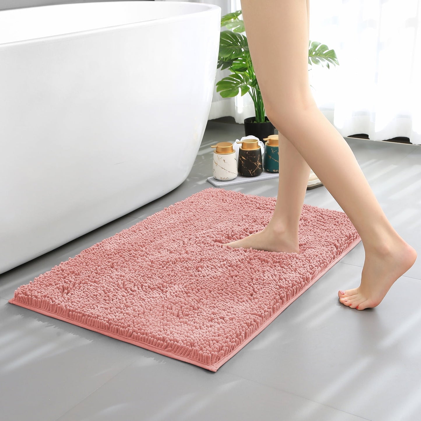 Hitime Soft Chenille Bath Rug Mat 20 x 32 Quick Dry Machine Washable Bathroom Runner - Ultra Absorbent Non-Slip Backing - Pink