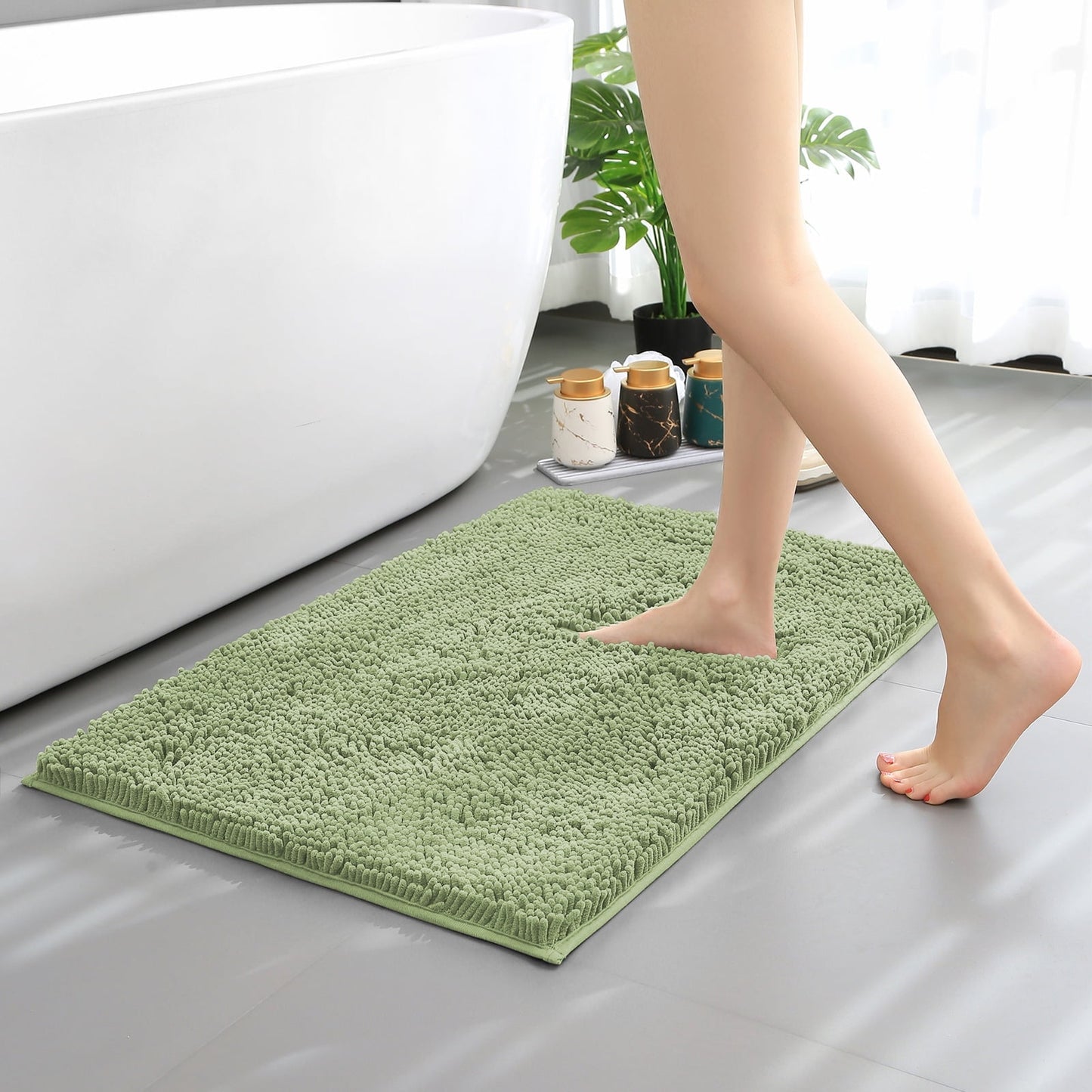 Hitime Soft Chenille Bath Rug Mat 20 x 32 Quick Dry Machine Washable Bathroom Runner - Ultra Absorbent Non-Slip Backing - Sage Green