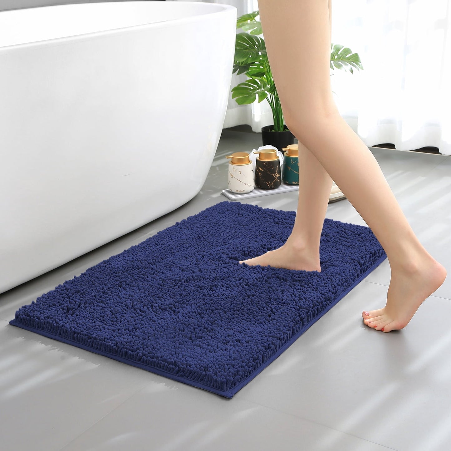 Hitime Soft Chenille Bath Rug Mat 24 x 36 Quick Dry Machine Washable Bathroom Runner - Ultra Absorbent Non-Slip Backing - Navy