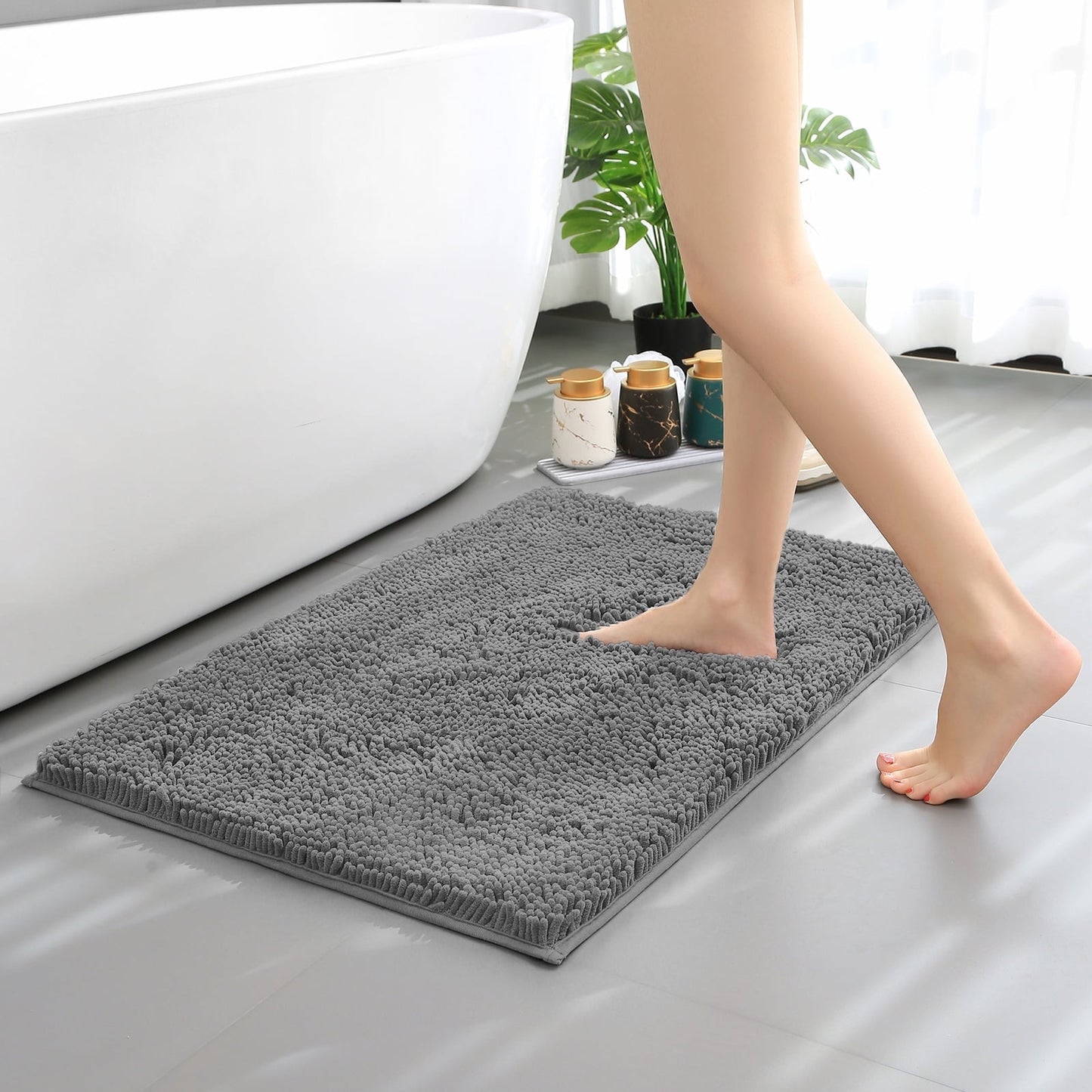 Hitime Soft Chenille Bath Rug Mat Grey 20 x 32 Quick Dry Machine Washable Bathroom Runner - Ultra Absorbent Non-Slip Backing - Dark Gray