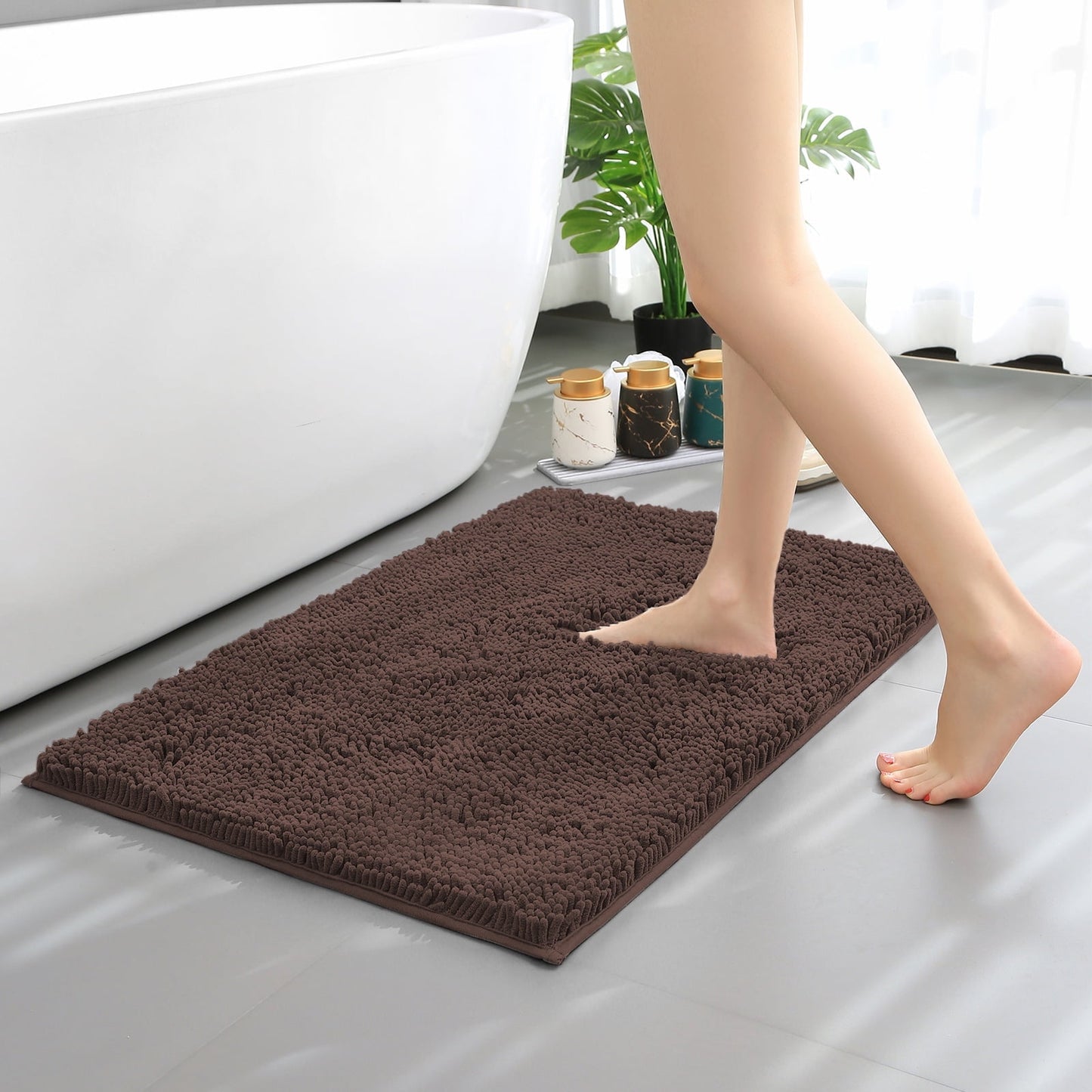 Hitime Soft Chenille Bath Rug Mat 24 x 36 Quick Dry Machine Washable Bathroom Runner - Ultra Absorbent Non-Slip Backing - Brown