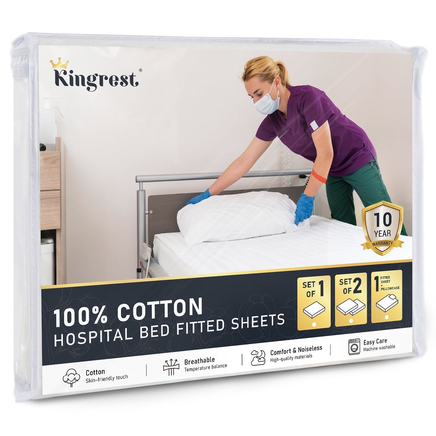 Kingrest 100% Cotton Fitted Hospital Bed Sheet (Pack of 1) - Ultra Soft Fitted Sheet (36 x 84 x 14, 1 Pack)