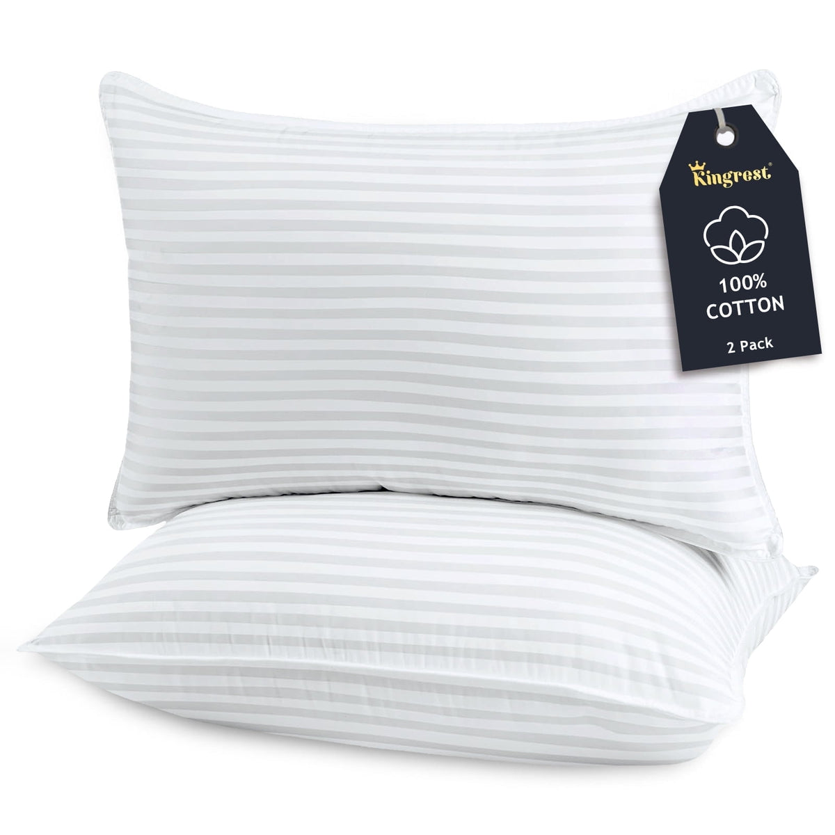 Kingrest 100% Cotton Standard Size Bed Pillows Set of 2 - Premium Down Alternative Cooling Pillows for Side, Back, and Stomach Sleepers Hotel Quality Fluffy Soft Breathable Skin-Friendly - Standard