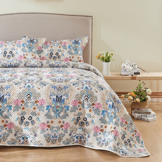 Kingrest Luxury Floral Print 100% Organic Cotton Quilt Set King Size, Lightweight Pattern Comforter Set, Oversized Bedspread Coverlet Quilted Bedding Set, with 2 Matching Pillowcases, for All Season