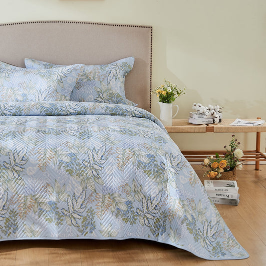 Kingrest Luxury Floral Print 100% Organic Cotton Quilt Set King Size, Lightweight Pattern Comforter Set, Oversized Bedspread Coverlet Quilted Bedding Set, with 2 Matching Pillowcases, for All Season