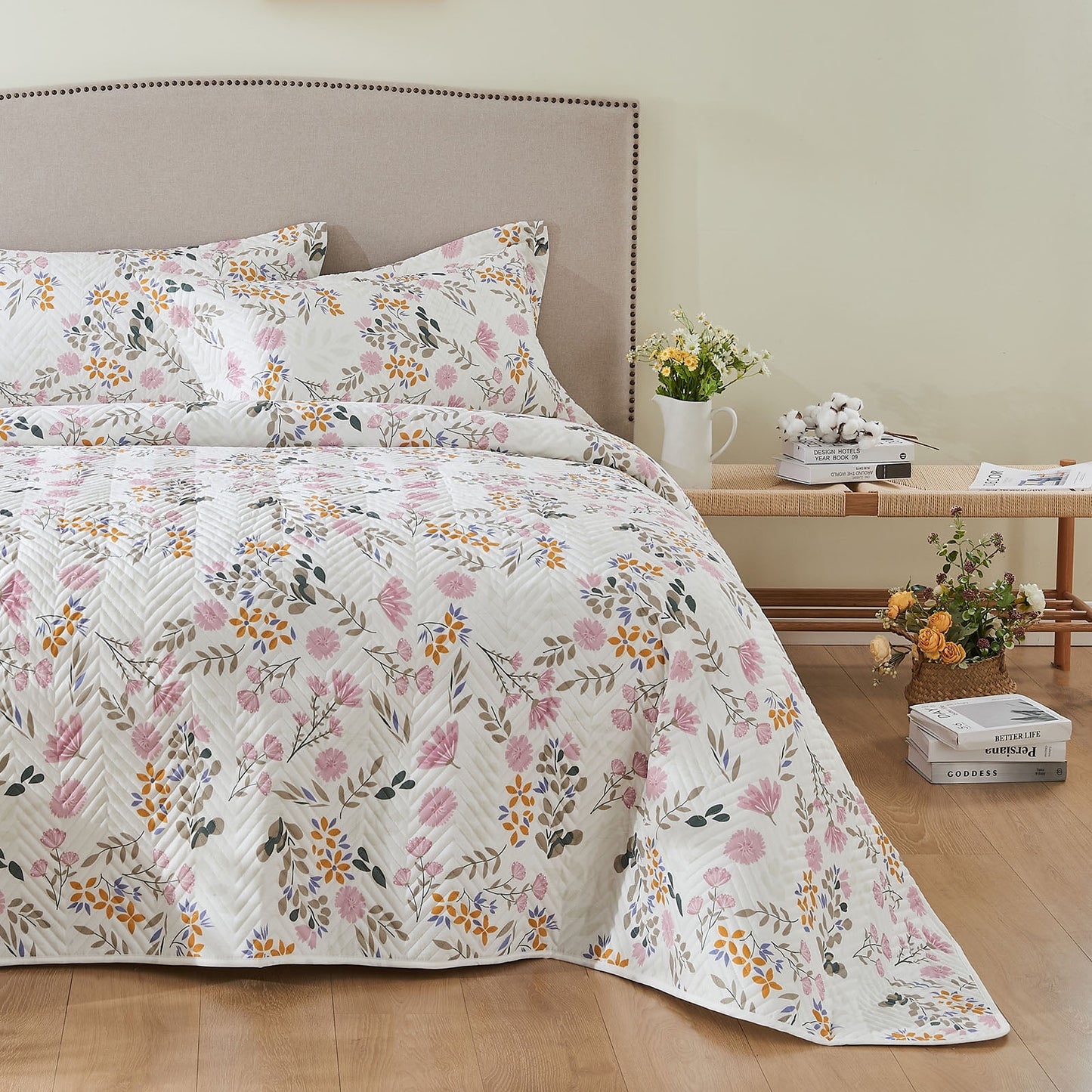 Kingrest Luxury Floral Print 100% Organic Cotton Quilt Set Queen Size, Lightweight Pattern Comforter Set, Oversized Bedspread Coverlet Quilted Bedding Set, with 2 Matching Pillowcases, for All Season