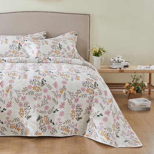 Kingrest Luxury Floral Print 100% Organic Cotton Quilt Set Twin Size, Lightweight Pattern Comforter Set, Oversized Bedspread Coverlet Quilted Bedding Set, with 2 Matching Pillowcases, for All Season