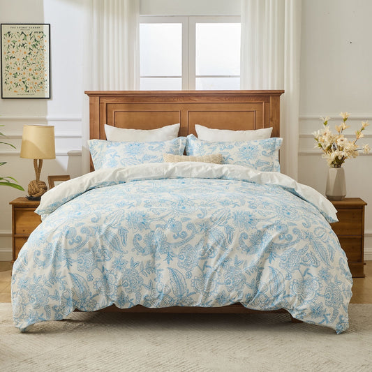 Kingrest Luxury King Duvet Cover Set Floral Printed Soft & Breathable 100% Organic Cotton 3 Pieces King Bedding Sets, Pattern King Comfy Duvet Cover Set, with Zipper Closure