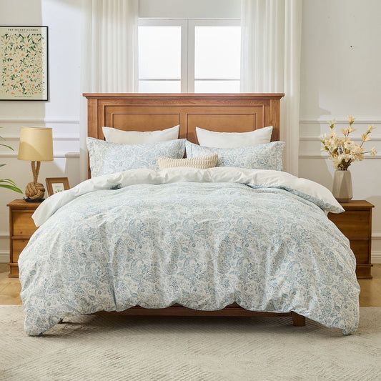 Kingrest Luxury King Duvet Cover Set Floral Printed Soft & Breathable 100% Organic Cotton 3 Pieces King Bedding Sets, Pattern King Comfy Duvet Cover Set, with Zipper Closure