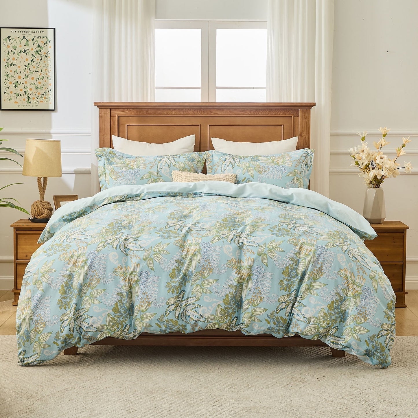 Kingrest Luxury King Duvet Cover Set Floral Printed Soft & Breathable 100% Organic Cotton 3 Pieces King Bedding Sets, Pattern King Comfy Duvet Cover Set, with Zipper Closure
