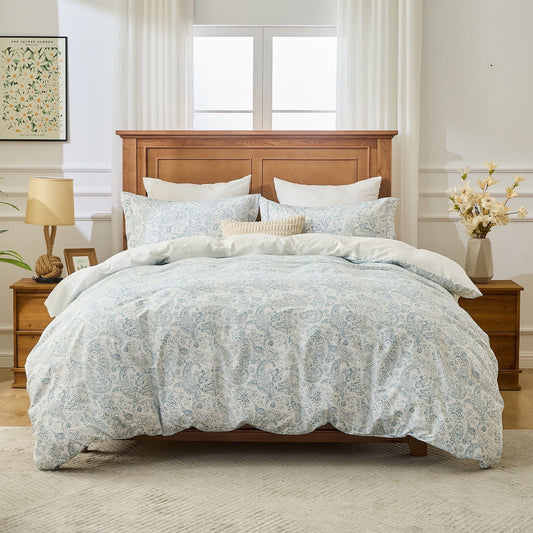 Kingrest Luxury Queen Duvet Cover Set Floral Printed, Soft & Breathable 100% Organic Cotton 3 Pieces Queen Bedding Sets, Pattern Queen Comfy Duvet Cover Set with Zipper Closure