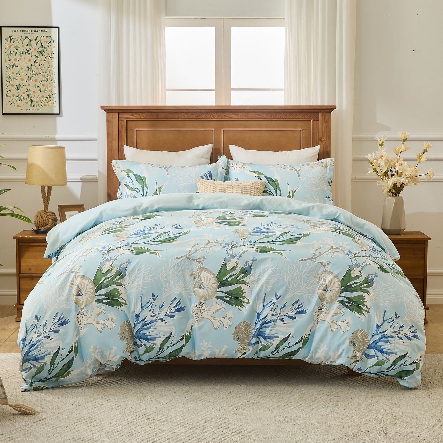 Kingrest Luxury Queen Duvet Cover Set Floral Printed, Soft & Breathable 100% Organic Cotton 3 Pieces Queen Bedding Sets, Pattern Queen Comfy Duvet Cover Set with Zipper Closure