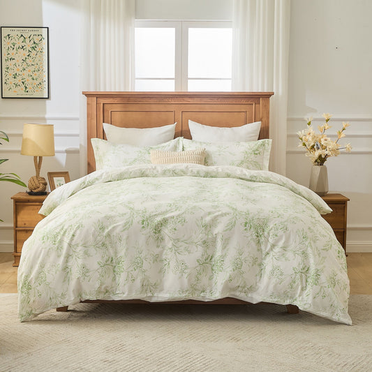 Kingrest Luxury Queen Duvet Cover Set Floral Printed, Soft & Breathable 100% Organic Cotton 3 Pieces Queen Bedding Sets, Pattern Queen Comfy Duvet Cover Set with Zipper Closure