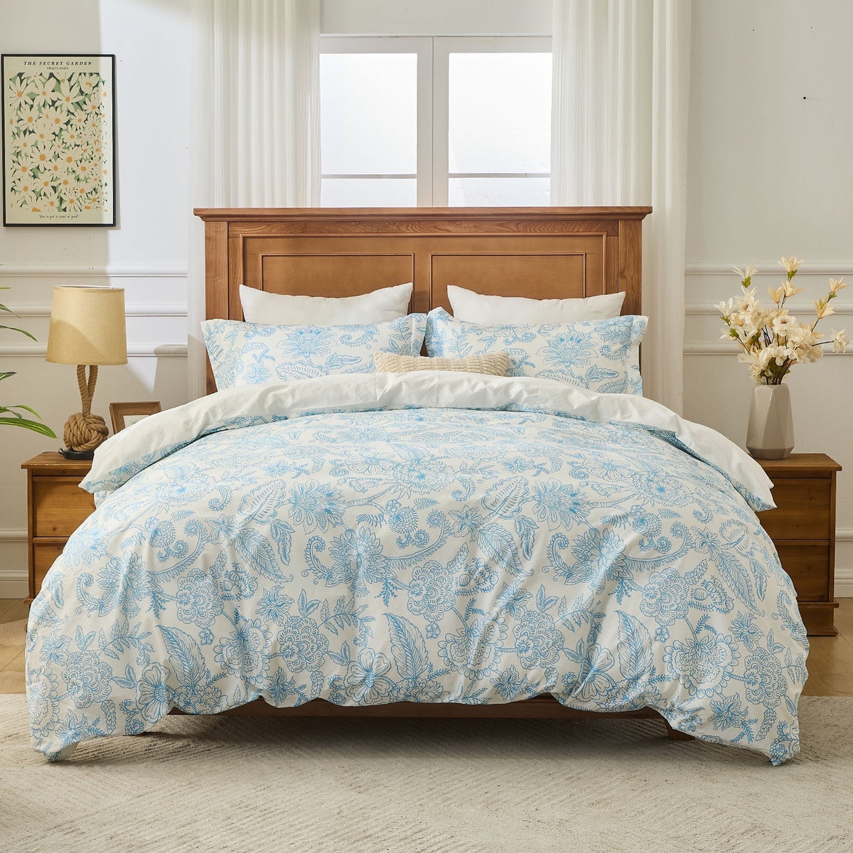 Kingrest Luxury Queen Duvet Cover Set Floral Printed, Soft & Breathable 100% Organic Cotton 3 Pieces Queen Bedding Sets, Pattern Queen Comfy Duvet Cover Set with Zipper Closure