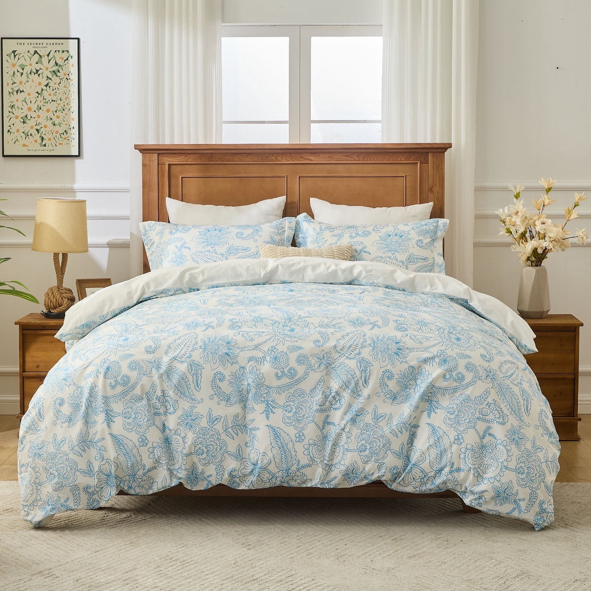 Kingrest Luxury Queen Duvet Cover Set Floral Printed, Soft & Breathable 100% Organic Cotton 3 Pieces Queen Bedding Sets, Pattern Queen Comfy Duvet Cover Set with Zipper Closure
