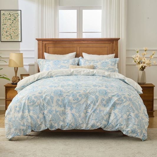 Kingrest Luxury Queen Duvet Cover Set Floral Printed, Soft & Breathable 100% Organic Cotton 3 Pieces Queen Bedding Sets, Pattern Queen Comfy Duvet Cover Set with Zipper Closure