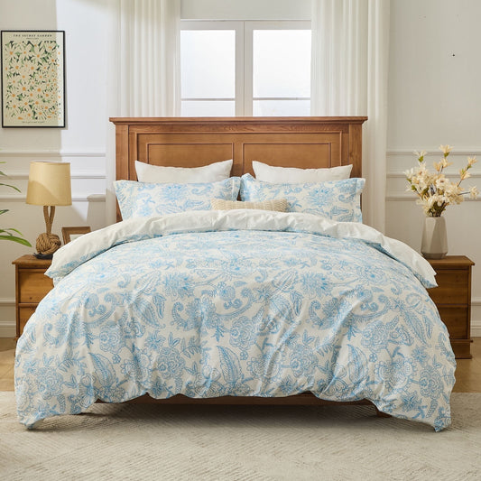 Kingrest Luxury Twin Duvet Cover Set Floral Printed, Soft & Breathable 100% Organic Cotton 3 Pieces Twin Bedding Sets, Pattern Twin Comfy Duvet Cover Set with Zipper Closure