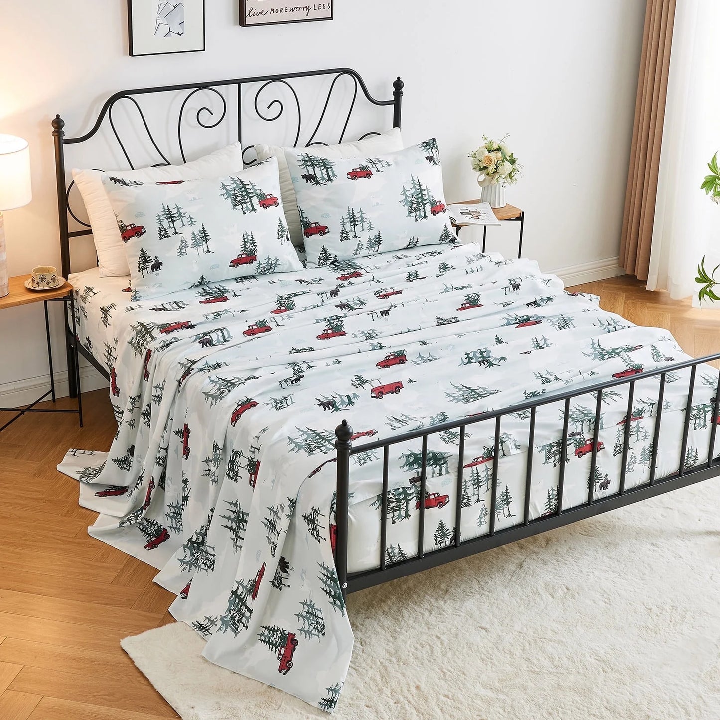 Gogreen 2025 Christmas 4 Pieces Printed Sheet Set Deep Pocket Fit 16", Breathable Microfiber Super Soft Sheet Set Cooling Sheets