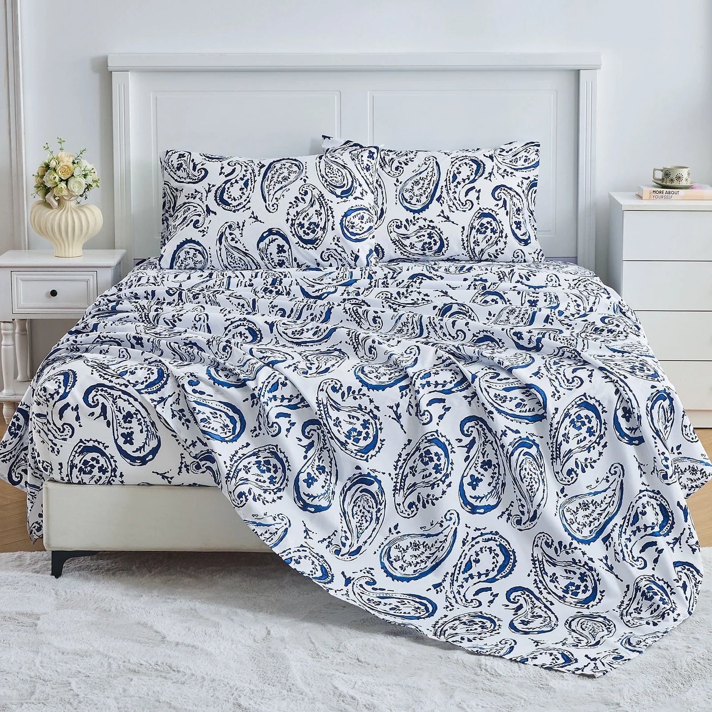 Hitime Printed 4 Pieces Printed Sheet Set Deep Pocket Fit 14", Breathable Super Soft Sheet Set Cooling Sheets, Luxury Hotel Style Home Decor Bed Sheet Set, Gift for Women, Men